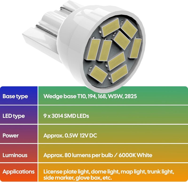 Siweex 194 LED Bulbs 2825 168 W5W T10 9SMD White 6000K Lights Replacement Bulb for Car Interior Dome Map Door Dashboard License Plate Lights, Pack of 10 - Image 2